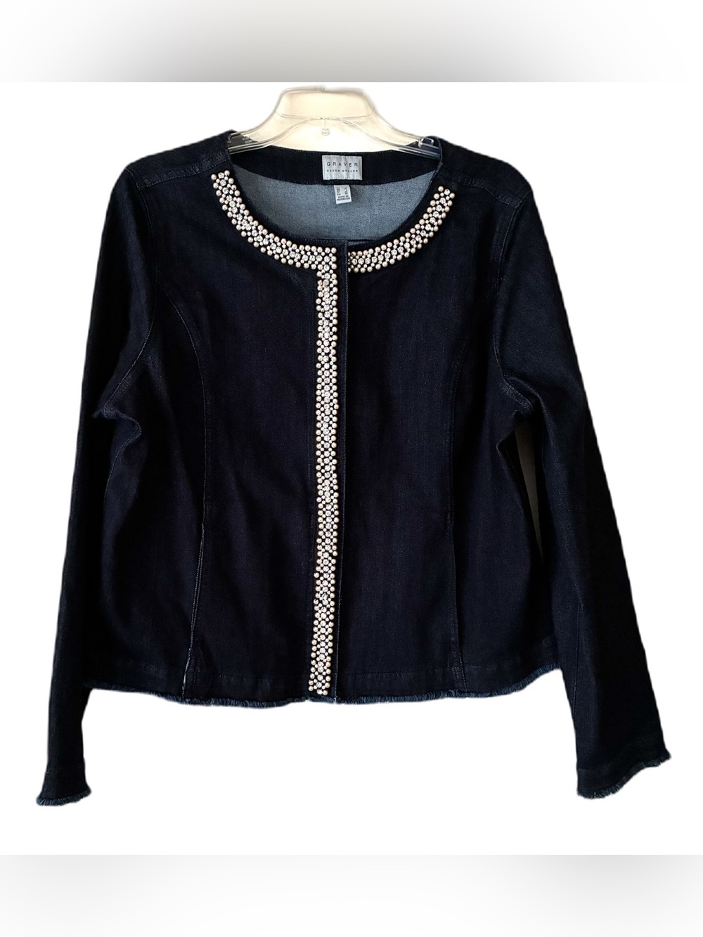 Susan Graver Embellished Denim Jacket, Sz. L, Pearls & Faceted Crystals